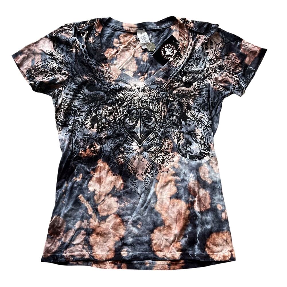 NWT AFFLICITION Live Fast Wmns Graphic Bleach Distressed Braid AOP V Neck Wings